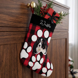 Personalised Red Buffalo Plaid Pet Dog Cat Photo Small Christmas Stocking