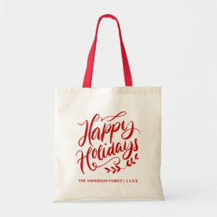 Personalised Red Calligraphy Happy Holidays Tote Bag