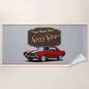 Personalised Red Camaro Speed Shop Beach Towel