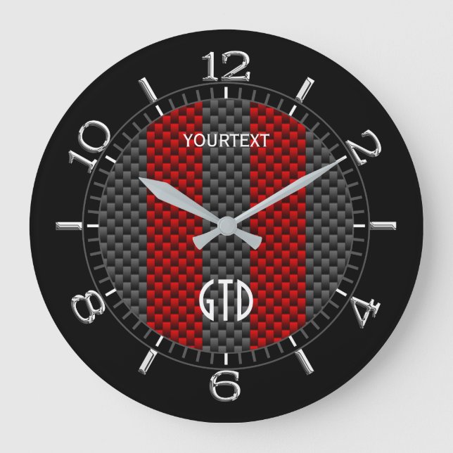 Personalised Red Carbon Style Racing Stripes on a Large Clock (Front)