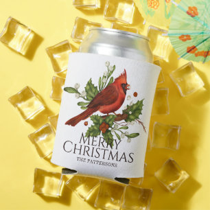 Personalised Red Cardinal Holly Christmas Can Cooler