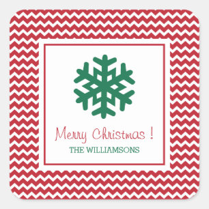 Personalised Red Chevron Snowflake Merry Christmas Square Sticker