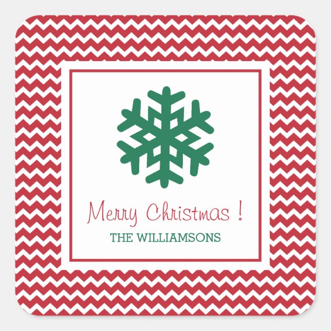 Personalised Red Chevron Snowflake Merry Christmas Square Sticker (Front)