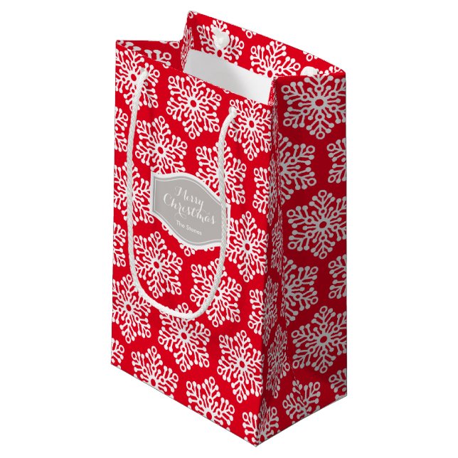 Personalised red Chirstmas snowflakes pattern Small Gift Bag (Front Angled)