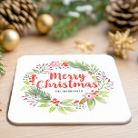 Personalised Red Christmas Square Paper Coaster<br><div class="desc">An elegant decorative Christmas holiday wreath paper coaster. Personalise it with your family name,  or for a Christmas gift. A pretty decoration for your Christmas kitchen. Designed for you by Blackberry Boulevard.</div>