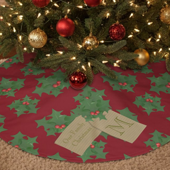 Personalised Red Christmas Tree Skirt (Festive tree skirt with a green holly pattern with red berries & space for your family name/initial)