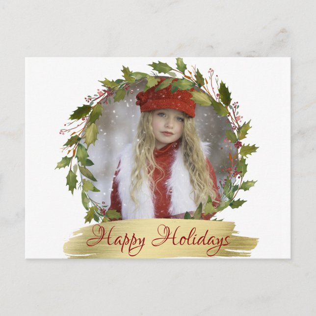 Personalised Red Christmas Wreath Holly | PHOTO Holiday Postcard (Front)