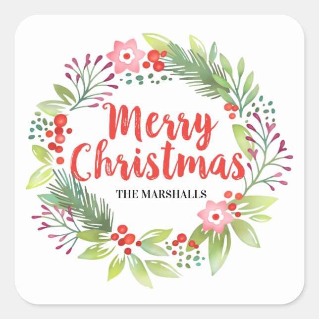 Personalised Red Christmas Wreath Square Sticker (Front)