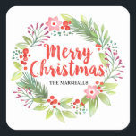 Personalised Red Christmas Wreath Square Sticker<br><div class="desc">An elegant decorative Christmas holiday wreath square sticker. Personalise it with your family name. A pretty decoration for your Christmas gifts. Designed for you by Blackberry Boulevard.</div>