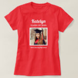 Personalised Red Class of 2025 Graduation Photo T-Shirt<br><div class="desc">Modern and minimal red graduation t-shirt design features a square photo of the graduate framed in white with simple and classic first name,  class year,  and school name wording that can be personalised. Shirt colours and style can be modified to coordinate with school or party colours.</div>