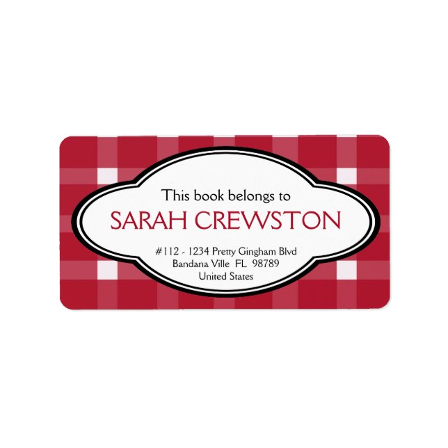 Personalised Red Country Gingham Print Bookplate Label (Front)