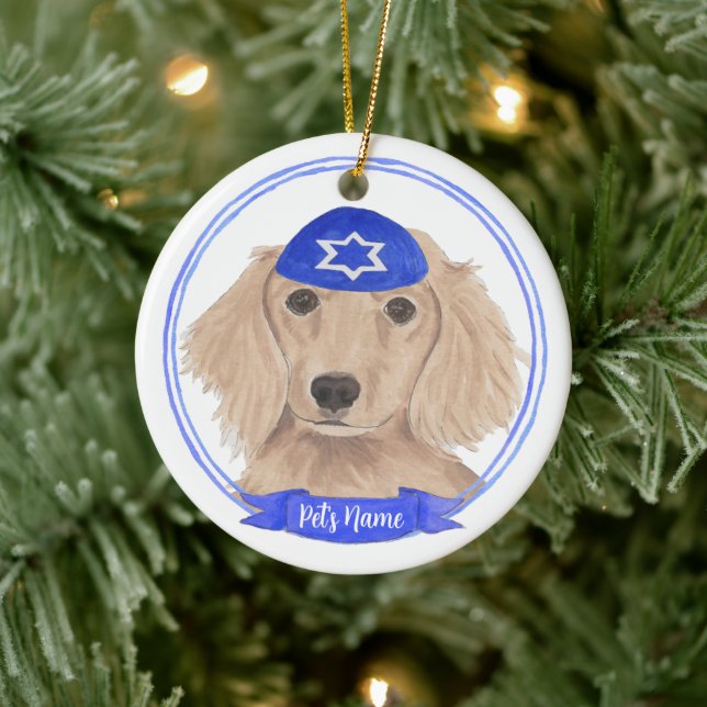 Personalised Red English Dachshund Dog Hanukkah Ceramic Tree Decoration (Tree)