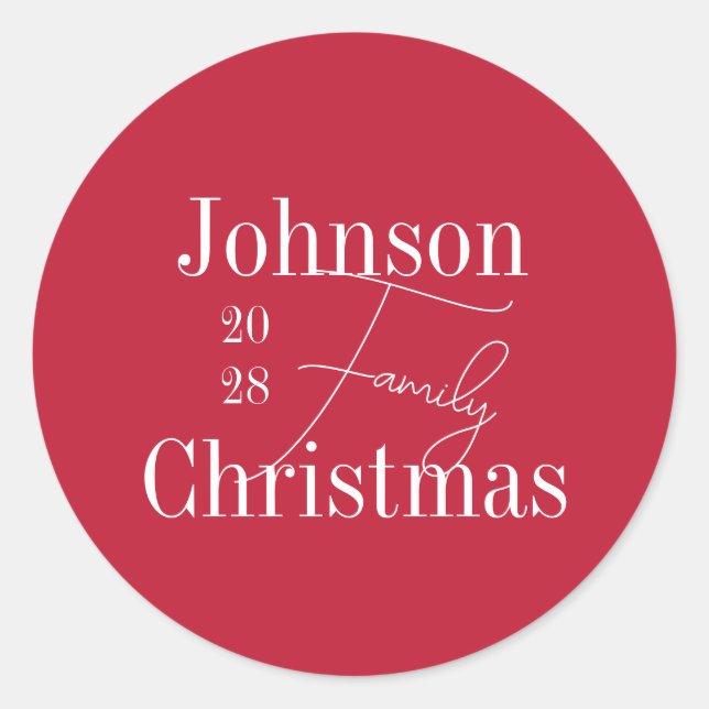 Personalised Red Family Name Christmas Classic Round Sticker (Front)