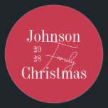 Personalised Red Family Name Christmas Classic Round Sticker<br><div class="desc">This is a simple and stylish, Christmas Party design. It is in festive red and white, with a modern design and contemporary typography. It has the message "Johnson Family Christmas", with space for you to add your family name and year of celebration. Perfect for a festive family celebration, dinner or...</div>