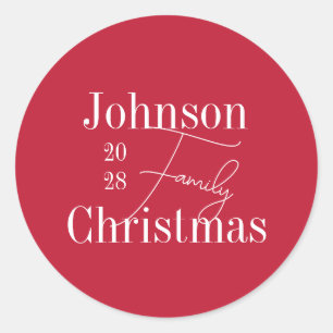 Personalised Red Family Name Christmas Classic Round Sticker