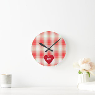 Personalised Red Felt Heart Gingham Mother's Day Round Clock