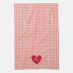 Personalised Red Felt Heart Gingham Mother's Day Tea Towel
