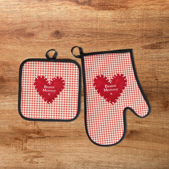 Personalised Red Felt Heart Mother's Day Oven Mitt & Pot Holder Set (Creator Uploaded)
