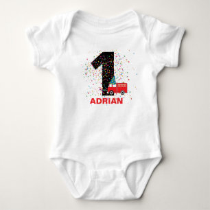 Personalised Red Fire Truck Birthday Party  Baby Bodysuit