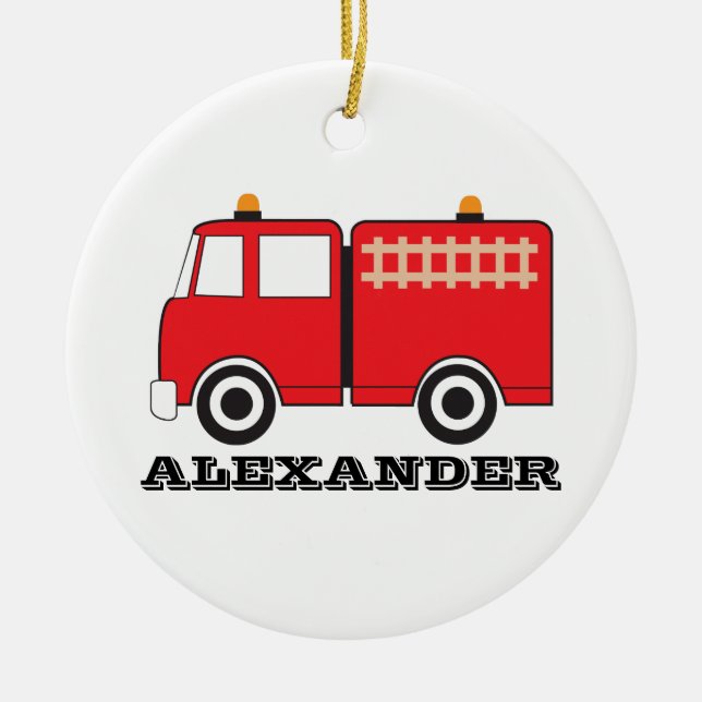 Personalised Red Fire Truck Ceramic Tree Decoration (Front)