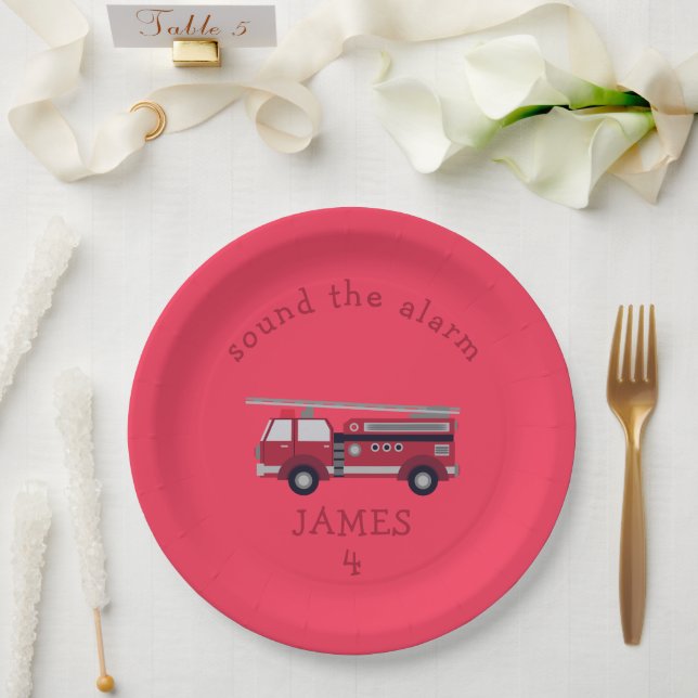 Personalised Red Fire truck Party Paper Plate (Wedding)