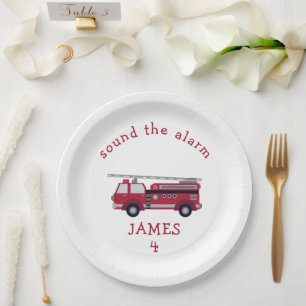 Personalised Red Fire truck Party Paper Plate