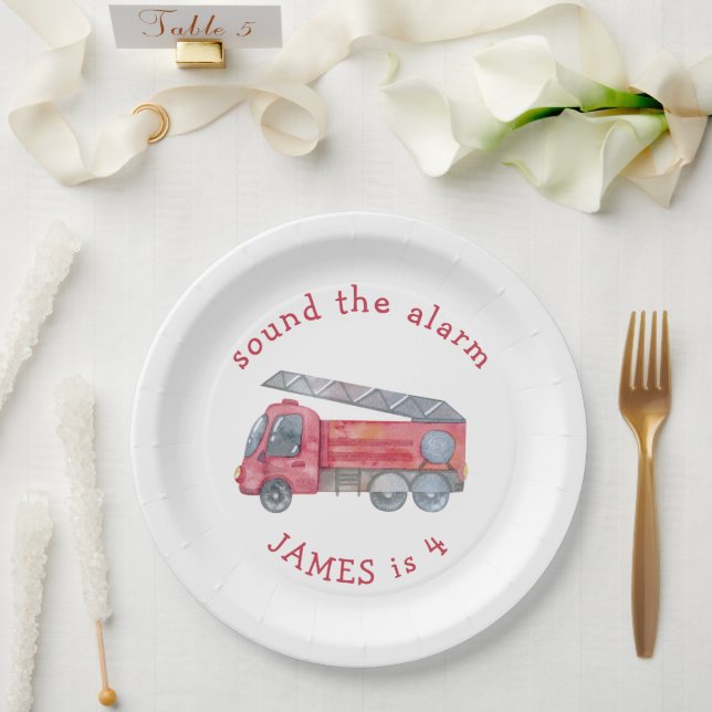 Personalised Red Fire truck Party Paper Plate (Wedding)