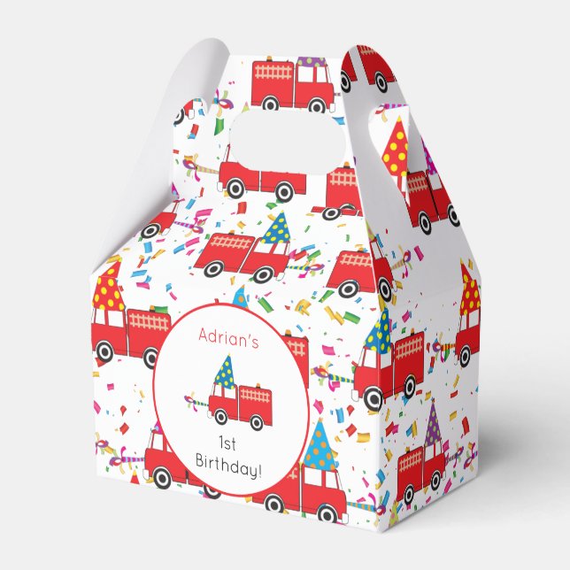 Personalised Red Fire Truck Party Pattern Birthday Favour Box (Front Side)