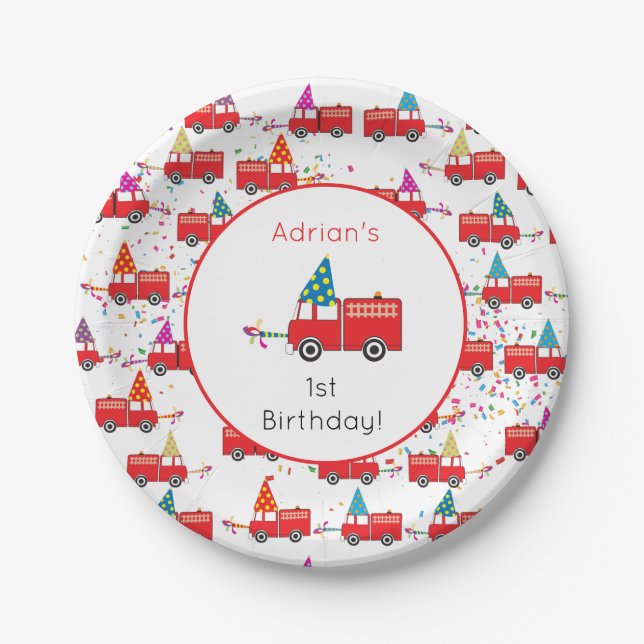 Personalised Red Fire Truck Party Pattern Birthday Paper Plate (Front)