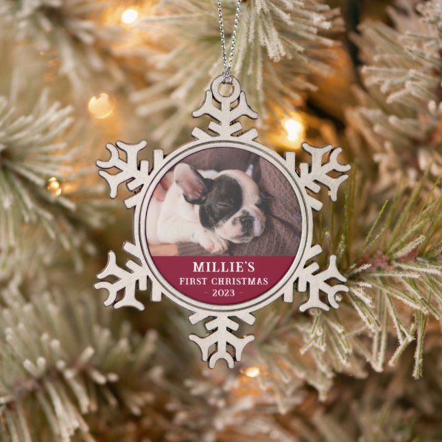 Personalised Red First Christmas Puppy Photo Snowflake Pewter Christmas Ornament (Tree)