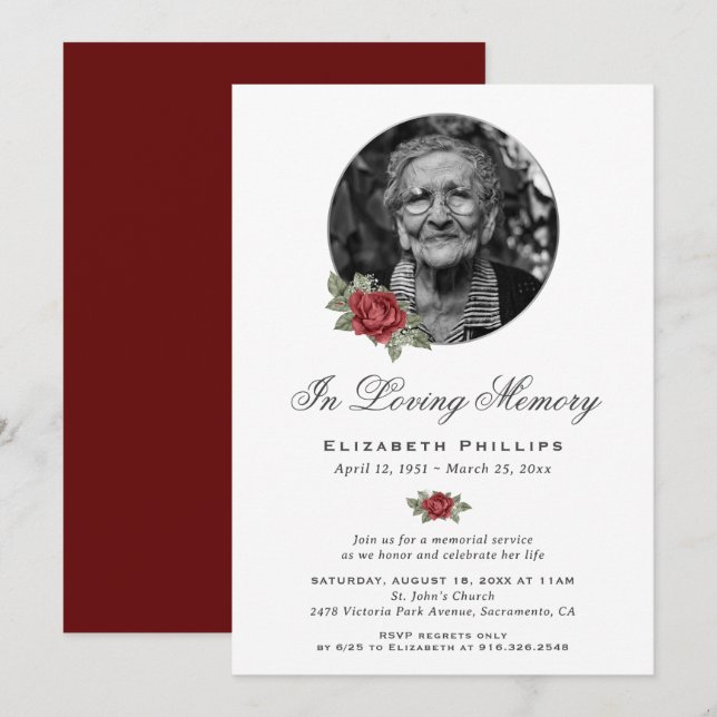 Personalised Red Floral Photo Memorial Service Invitation (Front/Back)