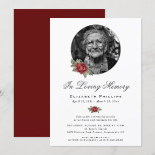 Personalised Red Floral Photo Memorial Service Invitation