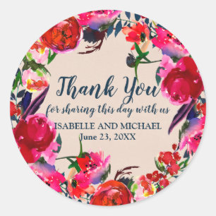 Personalised Red Floral Thank You Wedding Sticker