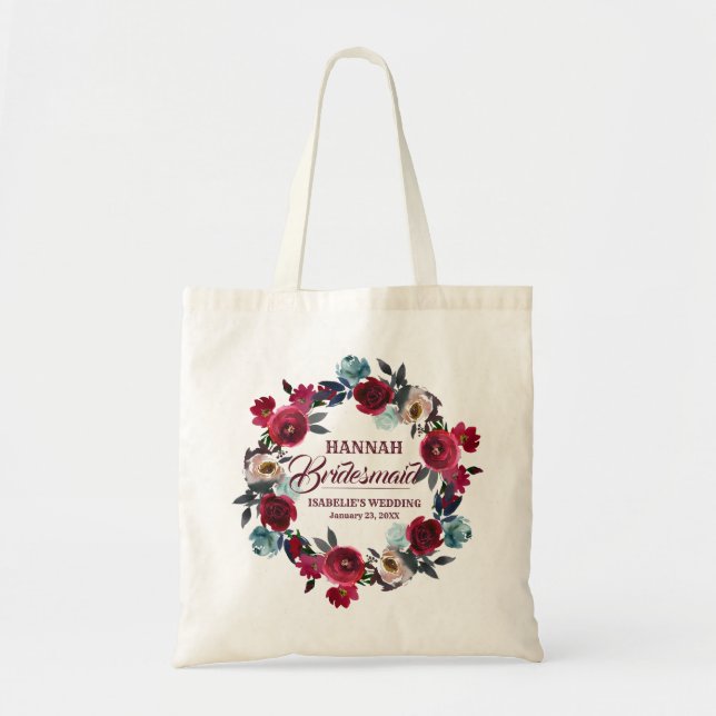 Personalised Red Floral Watercolor Bridesmaid Tote Bag (Front)