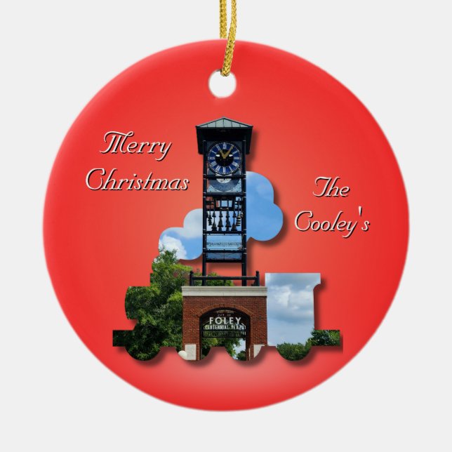 Personalised (Red) Foley Clock Tower & Train  Ceramic Tree Decoration (Front)