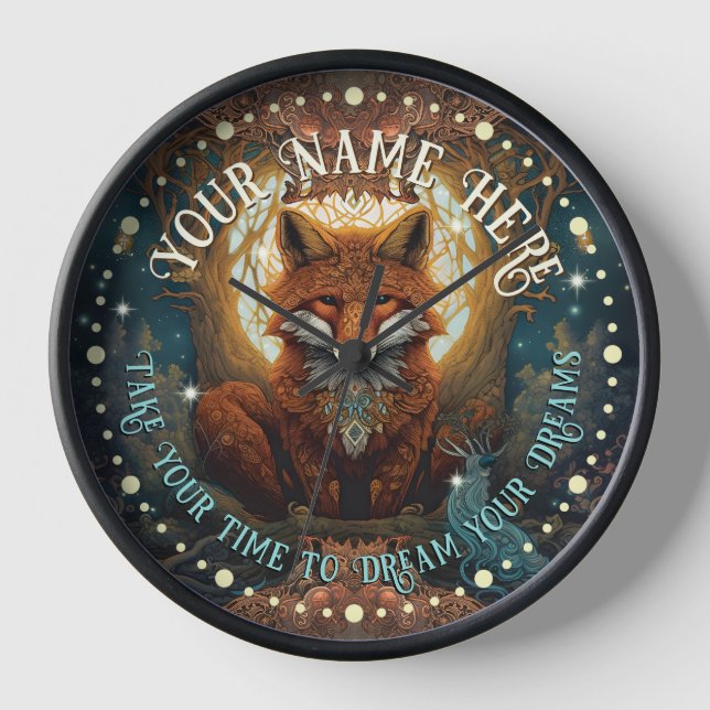 Personalised Red Fox in Moonlight Celtic Clock (Front)