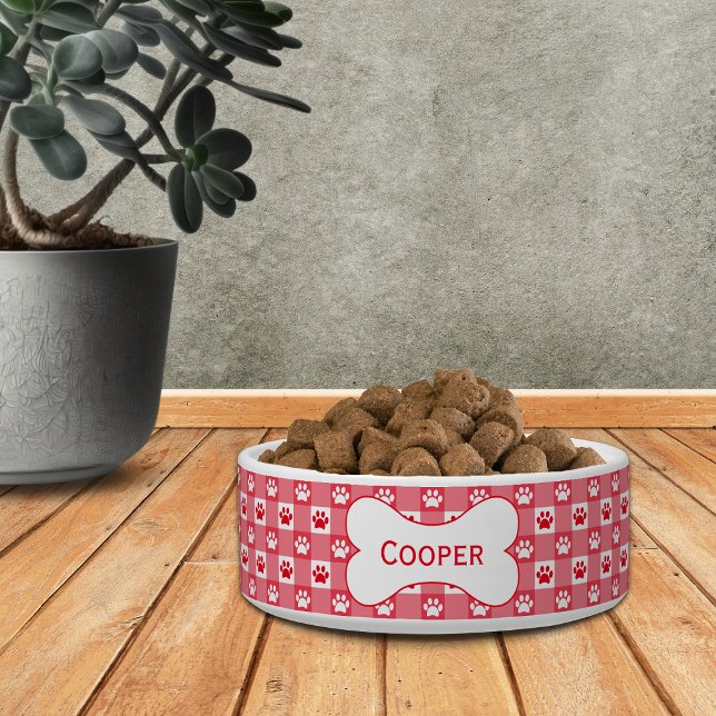 Personalised Red Gingham with Paw Prints and Bone Bowl (Creator Uploaded)