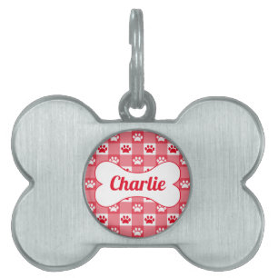 Personalised Red Gingham with Paw Prints and Bone Pet ID Tag