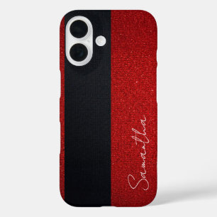 Personalised Red Glitter and Black Stripe iPhone 16 Case