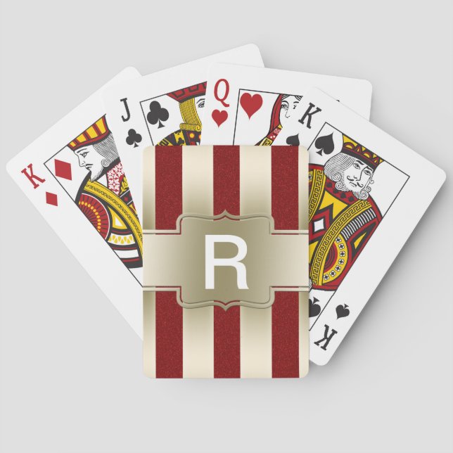 Personalised Red Glitter and Gold Stripes Monogram Playing Cards (Back)