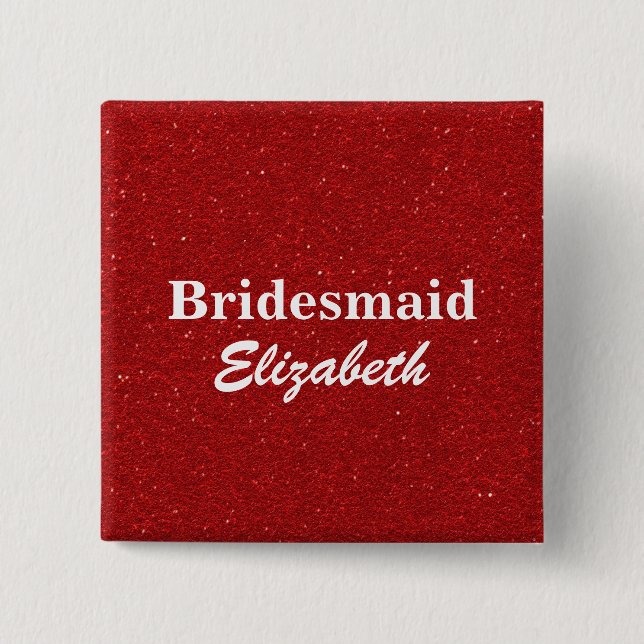 Personalised Red Glitter Bridesmaids Wedding 15 Cm Square Badge (Front)