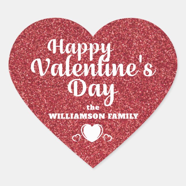 Personalised Red Glitter Happy Valentine's Day Heart Sticker (Front)