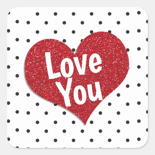 Personalised Red Glitter Heart with Polka Dots Square Sticker (Front)