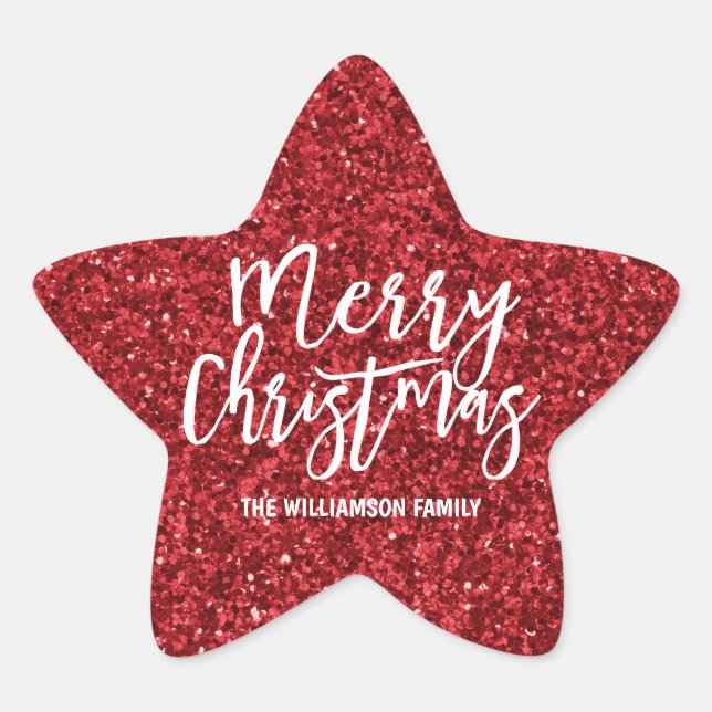 Personalised Red Glitter & White Merry Christmas Star Sticker (Front)