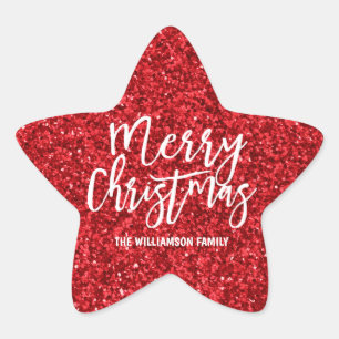 Personalised Red Glitter & White Merry Christmas Star Sticker