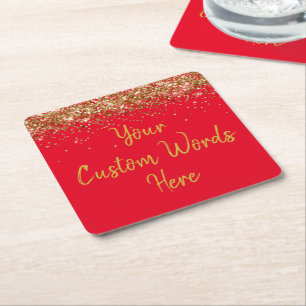 Personalised Red & Gold Birthday Party Anniversary Square Paper Coaster