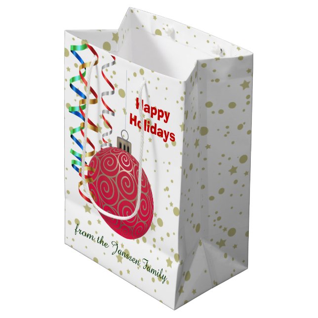 Personalised Red Gold Bulb Confetti Medium Gift Bag (Front Angled)