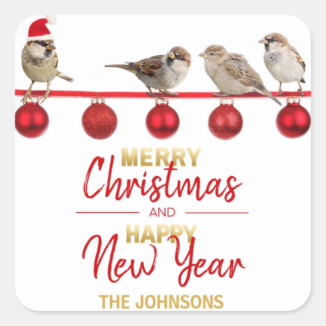 Personalised Red Gold Christmas Happy New Year Square Sticker (Front)