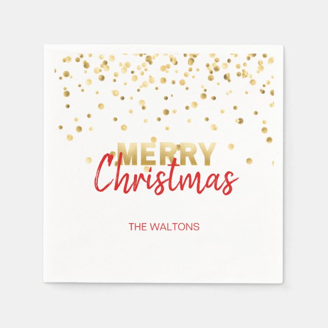 Personalised RED Gold Confetti Merry Christmas Napkin (Front)