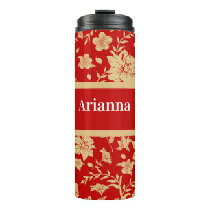 Personalised Red Gold Floral Thermal Tumbler
